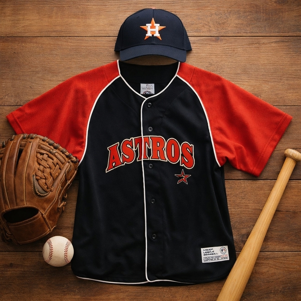 Vtg 1995 Houston Astros Youth Button Up Short Sleeve Jersey. Youth 12-14